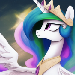 Size: 1024x1024 | Tagged: safe, derpibooru import, generator:purplesmart.ai, generator:stable diffusion, machine learning generated, princess celestia, alicorn, pony, g4, beautiful, crown, cute, female, jewelry, mare, regalia, smiling, solo