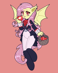 Size: 1602x2000 | Tagged: safe, artist:purring_cat, derpibooru import, fluttershy, anthro, bat pony, pegasus, apple, bat ponified, cute, female, flutterbat, food, mare, pink hair, race swap, red eyes, solo, solo female, spread wings, wings