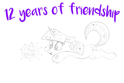 Size: 2048x1365 | Tagged: safe, artist:erkints, derpibooru exclusive, derpibooru import, twilight sparkle, unicorn twilight, pony, unicorn, birthday, fangs, female, halloween, holiday, jack-o-lantern, mlp fim's twelfth anniversary, monochrome, pumpkin, simple background, sketch, solo, text, white background