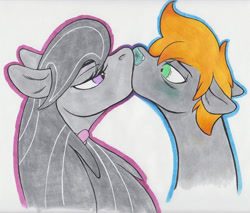 Size: 1200x1023 | Tagged: safe, artist:omnifelpur, derpibooru import, octavia melody, oc, earth pony, pony, bust, canon x oc, earth pony oc, kissing, traditional art