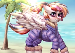 Size: 2456x1736 | Tagged: safe, artist:leastways, derpibooru import, oc, oc:northstar, pegasus, pony, clothes, commission, ocean, palm tree, sand, signature, solo, summer, sun, tree, water, wings, winter outfit