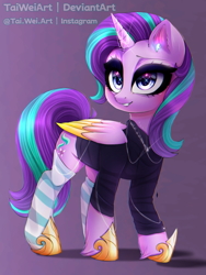 Size: 1500x2000 | Tagged: safe, artist:taiweiart, derpibooru import, starlight glimmer, alicorn, pony, alicornified, clothes, colored wings, colored wingtips, female, gradient background, hoodie, mare, race swap, socks, solo, starlicorn, striped socks, unshorn fetlocks, wings, xk-class end-of-the-world scenario