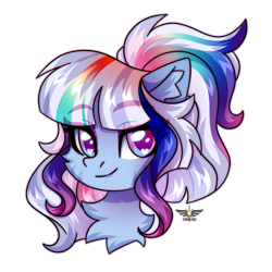 Size: 2500x2500 | Tagged: safe, artist:stormcloud, derpibooru import, oc, oc only, earth pony, pony, bust, cheek fluff, chest fluff, commission, ear fluff, ears, earth pony oc, eyebrows, eyebrows visible through hair, female, gradient eyes, heart, heart eyes, looking at you, mare, multicolored hair, multicolored mane, ponytail, portrait, rainbow hair, simple background, smiling, smiling at you, solo, transparent background, wingding eyes