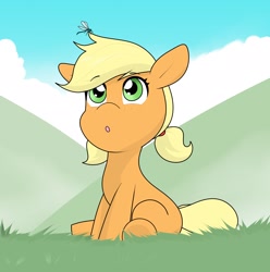 Size: 2022x2042 | Tagged: safe, artist:cyanrobo, derpibooru import, applejack, dragonfly, earth pony, insect, pony, female, filly, filly applejack, foal, looking up, sailor moon, sitting, solo, younger