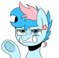 Size: 1873x1849 | Tagged: safe, artist:maren, derpibooru import, oc, oc only, oc:blue chewings, earth pony, pony, angry, bone, bust, chew toy, cross-popping veins, emanata, portrait, raised hoof, raised leg, reaction image, simple background, solo, underhoof, white background