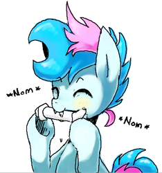 Size: 443x474 | Tagged: safe, artist:maren, derpibooru import, oc, oc only, oc:blue chewings, earth pony, pony, bust, chew toy, drool, eyes closed, nom, oekaki, simple background, solo, white background