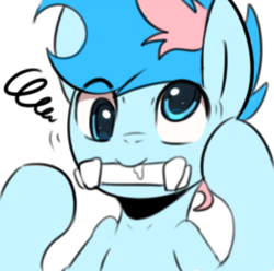 Size: 600x595 | Tagged: safe, artist:maren, derpibooru import, oc, oc only, oc:blue chewings, earth pony, pony, bipedal, bust, chew toy, derp, eye clipping through hair, simple background, solo, white background