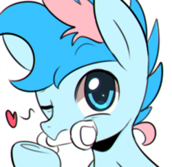 Size: 800x778 | Tagged: safe, artist:maren, derpibooru import, oc, oc only, oc:blue chewings, earth pony, pony, bust, chew toy, heart, one eye closed, portrait, simple background, solo, white background, wink
