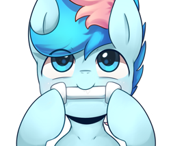 Size: 809x689 | Tagged: safe, artist:maren, derpibooru import, oc, oc only, oc:blue chewings, earth pony, pony, bust, eye clipping through hair, hoof on chin, looking up, simple background, solo, white background