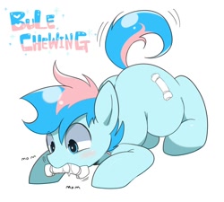 Size: 872x786 | Tagged: safe, artist:oniku, derpibooru import, oc, oc only, oc:blue chewings, earth pony, pony, behaving like a dog, blushing, chew toy, crouching, misspelling, simple background, solo, tail, tail wag, white background