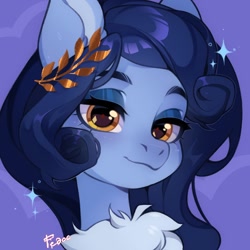 Size: 1372x1372 | Tagged: safe, artist:fedos, derpibooru import, oc, oc only, oc:tundra, pony, blue coat, blue mane, bust, female, golden eyes, laurel wreath, looking at you, mare, solo, sparkles