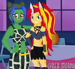 Size: 2200x2016 | Tagged: safe, artist:cyber-murph, derpibooru import, sunset shimmer, oc, oc:lightning voice, equestria girls, belly button, canterlot high, clothes, commission, cosplay, costume, cute, halloween, halloween costume, hand on hip, helluva boss, holiday, jojo's bizarre adventure, jolyne kujo, loona (helluva boss), midriff, signature