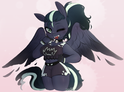 Size: 2122x1569 | Tagged: safe, artist:frigidmare, derpibooru import, oc, oc only, oc:arkessa, anthro, pegasus, pony, clothes, fangs, female, lip piercing, piercing, ponytail, snake bites, solo, wings