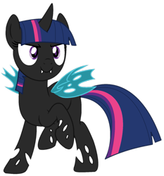 Size: 1251x1343 | Tagged: safe, artist:klewgcg, artist:twilyisbestpone, derpibooru import, twilight sparkle, changeling, base used, changelingified, fangs, female, raised hoof, raised leg, simple background, solo, species swap, transparent background, twiling