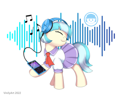 Size: 1672x1336 | Tagged: safe, artist:vinilyart, derpibooru import, coco pommel, earth pony, pony, clothes, eyes closed, female, headphones, mare, music notes, simple background, skirt, solo, white background