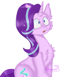 Size: 1531x1551 | Tagged: safe, artist:4agonism, derpibooru import, starlight glimmer, pony, unicorn, :o, cheek fluff, chest fluff, cute, ear fluff, ears, female, glimmerbetes, looking offscreen, mare, open mouth, shoulder fluff, simple background, sitting, solo, white background