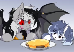 Size: 3508x2480 | Tagged: safe, artist:arctic-fox, derpibooru import, oc, oc only, oc:ash wing, oc:stormdancer, bat pony, pony, bat pony oc, cheese, duo, food, grilled cheese, licking, licking lips, tongue, tongue out