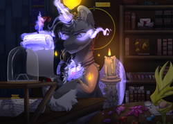 Size: 3500x2500 | Tagged: safe, artist:medkit, derpibooru import, oc, oc only, earth pony, pony, alicorn amulet, book, book of harmony, bookshelf, candle, crystal, curtains, element of generosity, element of honesty, element of kindness, element of laughter, element of loyalty, element of magic, elements of harmony, eyes open, feather, fire, high res, idol of boreas, inkwell, letter, magic, magical artifact, male, night, paint tool sai 2, quill, ring of destiny, scroll, speedpaint, stallion, unshorn fetlocks