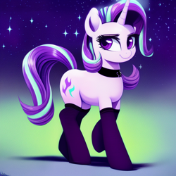 Size: 1024x1024 | Tagged: safe, derpibooru import, generator:stable diffusion, machine learning generated, starlight glimmer, unicorn, choker, clothes, female, looking at you, mare, smiling, smiling at you, socks, solo, stars, stockings, thigh highs, walking