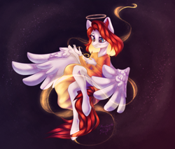 Size: 2700x2300 | Tagged: safe, artist:jsunlight, derpibooru import, oc, oc only, anthro, pegasus, unguligrade anthro, anthro oc, clothes, dress, female, flying, halo, looking at something, mare, signature, smiling, solo