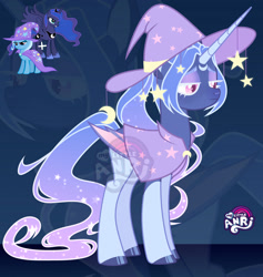 Size: 1280x1352 | Tagged: safe, artist:emperor-anri, derpibooru import, princess luna, trixie, oc, alicorn, bat pony, bat pony alicorn, pony, unicorn, bat wings, clothes, female, hat, hoof polish, horn, magical lesbian spawn, mare, offspring, parent:princess luna, parent:trixie, wings, witch hat, zoom layer