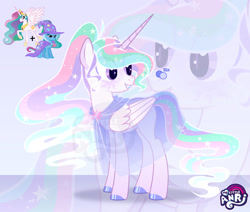 Size: 1280x1087 | Tagged: safe, artist:emperor-anri, derpibooru import, princess celestia, trixie, oc, alicorn, pony, unicorn, alicorn oc, eyelashes, female, hoof polish, horn, looking back, magical lesbian spawn, mare, offspring, parent:princess celestia, parent:trixie, parents:trixlestia, smiling, wings, zoom layer