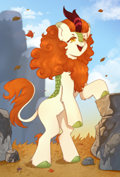 Size: 2642x3890 | Tagged: safe, artist:_ellashi_, derpibooru import, autumn blaze, kirin, aesthetics, bipedal, cloven hooves, cute, female, grass, leaf, mountain, open mouth, smiling, solo