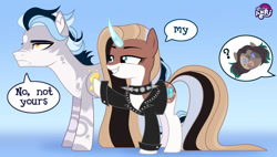 Size: 1280x729 | Tagged: safe, artist:emperor-anri, derpibooru import, oc, oc only, pony, unicorn, choker, dialogue, female, grin, horn, male, mare, smiling, spiked choker, stallion, unamused, unicorn oc