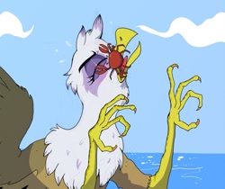 Size: 1080x907 | Tagged: safe, artist:paskanaakka, derpibooru exclusive, derpibooru import, gilda, crab, griffon, cloud, distressed, half body, ocean, ponified animal photo, ponified animal video, reference in the description, solo, water