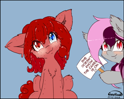 Size: 2500x2000 | Tagged: safe, artist:freefraq, derpibooru import, oc, oc:cherry slime, oc:lilac san, bat pony, goo, goo pony, original species, :3, blushing, chest fluff, cute, ear fluff, ears, heterochromia, sign