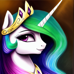 Size: 1024x1024 | Tagged: safe, derpibooru import, generator:stable diffusion, machine learning generated, princess celestia, alicorn, pony, bust, crown, female, jewelry, looking at you, mare, portrait, regalia, smiling, solo