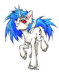 Size: 1111x1349 | Tagged: safe, artist:rozmed, derpibooru import, dj pon-3, vinyl scratch, pony, unicorn, female, looking at you, mare, missing accessory, pose, red eyes, simple background, skinny, smiling, solo, teeth, unshorn fetlocks, white background