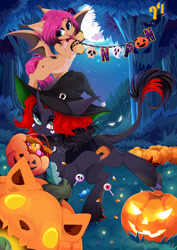 Size: 1000x1414 | Tagged: safe, artist:xsatanielx, derpibooru import, oc, oc only, pony, candy, female, food, forest, forest background, halloween, holiday, jack-o-lantern, pumpkin