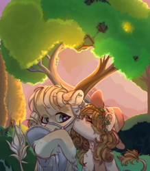 Size: 3500x4000 | Tagged: safe, artist:medkit, derpibooru import, oc, oc only, cow, earth pony, pony, blushing, bridle, bush, cloud, duo, female, hat, heart, high res, love, male, pair, sketch, sky, smooch, stallion, sunset, tree