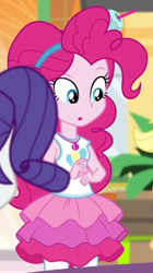Size: 500x892 | Tagged: safe, derpibooru import, screencap, applejack, pinkie pie, rarity, equestria girls, equestria girls series, rollercoaster of friendship, :o, clothes, cropped, cup in hair, cutie mark on clothes, geode of sugar bombs, hairband, jewelry, leggings, necklace, offscreen character, rah rah skirt, skirt, sleeveless, tanktop