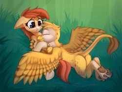 Size: 2538x1923 | Tagged: safe, artist:anti1mozg, derpibooru exclusive, derpibooru import, oc, oc only, oc:beaky, oc:sivka, earth pony, griffon, pony, fanfic:yellow feathers, beak, butt, cute, duo, grass, griffon oc, interspecies, paw pads, paws, plot, shipping, smiling, snuggling, underhoof, underpaw