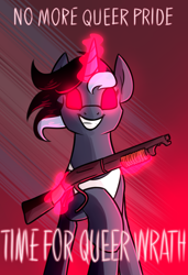 Size: 1000x1464 | Tagged: safe, artist:moonatik, derpibooru import, oc, oc only, oc:sol nightshade, pony, unicorn, clothes, glowing, glowing eyes, gun, horn, imminent violence, magic, male, pride, pride flag, pride ponies, raised hoof, raised leg, shotgun, sketch, solo, stallion, tanktop, transgender pride flag, unicorn oc, weapon, wrath