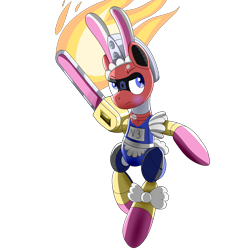 Size: 5000x5000 | Tagged: safe, artist:trackheadtherobopony, derpibooru import, oc, oc:trackhead, pony, robot, robot pony, apron, blushing, bunny ears, chainsaw, clothes, costume, fire, maid, one-piece swimsuit, school swimsuit, simple background, solo, swimsuit, transparent background