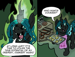 Size: 3492x2676 | Tagged: safe, artist:doodledonutart, derpibooru import, queen chrysalis, changeling, changeling queen, 2 panel comic, apron, bait and switch, baking, baking sheet, clothes, comic, cookie, cute, cutealis, dark magic, dialogue, fangs, female, food, gloating, high res, kiss the cook, magic, magic aura, open mouth, open smile, oven, ponytober, smiling, solo, speech bubble