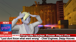 Size: 1920x1080 | Tagged: safe, artist:fuzeamateursfm, derpibooru import, derpy hooves, anthro, pegasus, 3d, among us, blatant lies, chernobyl, eyes closed, fire, fire engine, i just don't know what went wrong, implied mayor mare, implied princess celestia, meme, news, news report, source filmmaker, this will end in radiation poisoning