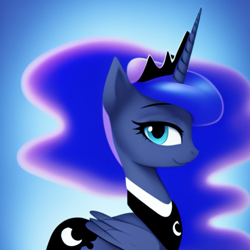 Size: 1024x1024 | Tagged: safe, derpibooru import, editor:dovakkins, generator:purplesmart.ai, generator:stable diffusion, machine learning generated, princess luna, alicorn, pony, g4, crown, cute, female, jewelry, lunabetes, mare, regalia, simple background, solo