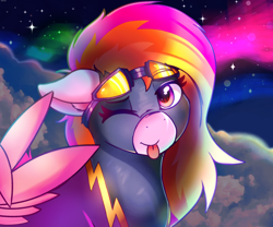 Size: 4096x3400 | Tagged: safe, artist:legionsunite, derpibooru import, oc, oc:velvet volt, pegasus, pony, ;p, aurora borealis, bodysuit, clothes, costume, female, looking at you, mare, night, one eye closed, peace sign, shadowbolts, shadowbolts costume, tongue, tongue out, wings, wink