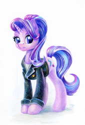 Size: 818x1200 | Tagged: safe, artist:maytee, derpibooru import, starlight glimmer, pony, unicorn, clothes, colored pencil drawing, jacket, simple background, solo, traditional art, white background