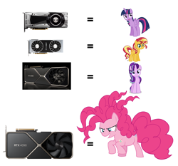 Size: 2932x2735 | Tagged: safe, derpibooru import, pinkie pie, starlight glimmer, sunset shimmer, twilight sparkle, twilight sparkle (alicorn), alicorn, earth pony, pony, unicorn, bell, female, graphics card, grogar's bell, mare, nvidia, simple background, white background