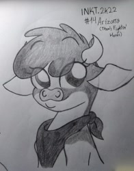 Size: 1829x2331 | Tagged: safe, artist:iceflower99, derpibooru import, arizona cow, cow, them's fightin' herds, bust, community related, inktober, inktober 2022, monochrome