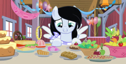 Size: 1280x652 | Tagged: safe, artist:cindystarlight, derpibooru import, oc, oc:lucy ghost, pegasus, banana, base used, cake, female, food, mare, sandwich, solo