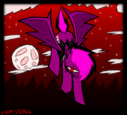 Size: 2066x1878 | Tagged: safe, artist:xxv4mp_g4z3rxx, derpibooru import, oc, oc only, oc:violet valium, bat pony, pony, bat pony oc, cloud, female, mare, moon, red eyes, signature, spread wings, stars, tree, two toned mane, wings