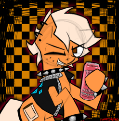 Size: 1916x1936 | Tagged: safe, artist:xxv4mp_g4z3rxx, derpibooru import, oc, oc only, earth pony, pony, undead, vampire, vampony, checkered background, collar, commission, earth pony oc, fangs, monster energy, signature, solo, spiked collar, spiked wristband, wristband
