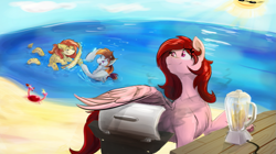 Size: 1559x874 | Tagged: safe, artist:testostepone, derpibooru import, oc, oc:cherry showers, oc:mellow stardust, oc:sandara cove, crab, beach, colored sketch, sun, very cool sun