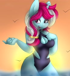 Size: 3775x4096 | Tagged: safe, artist:gelians, artist:pegasisterartmlp, derpibooru import, oc, oc only, anthro, unicorn, anthro oc, boob window, breasts, cleavage, clothes, female, horn, looking at you, ocean, solo, solo female, swimsuit, unicorn oc, water